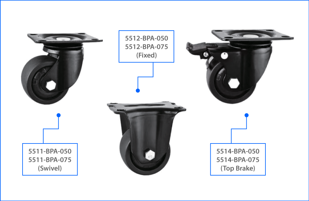 KOMTEC Heavy Duty Low Gravity Castor C/W Black PP Wheel (Double Ball Bearing)
