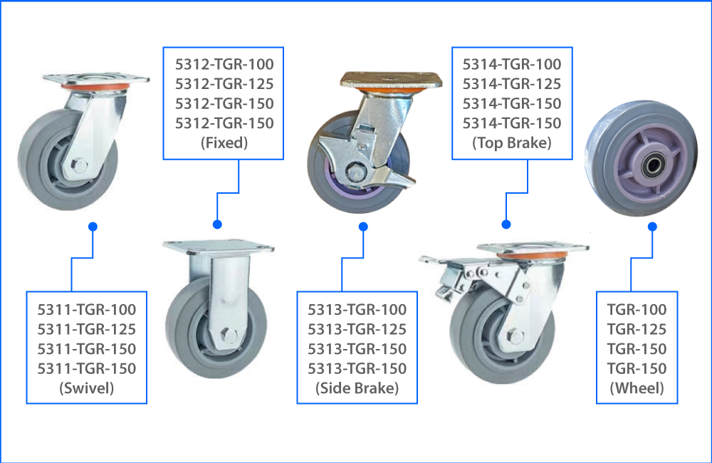 KOMTEC Heavy Duty Top Plate Castor C/W Grey Rubber Wheel (Double Ball Bearing)