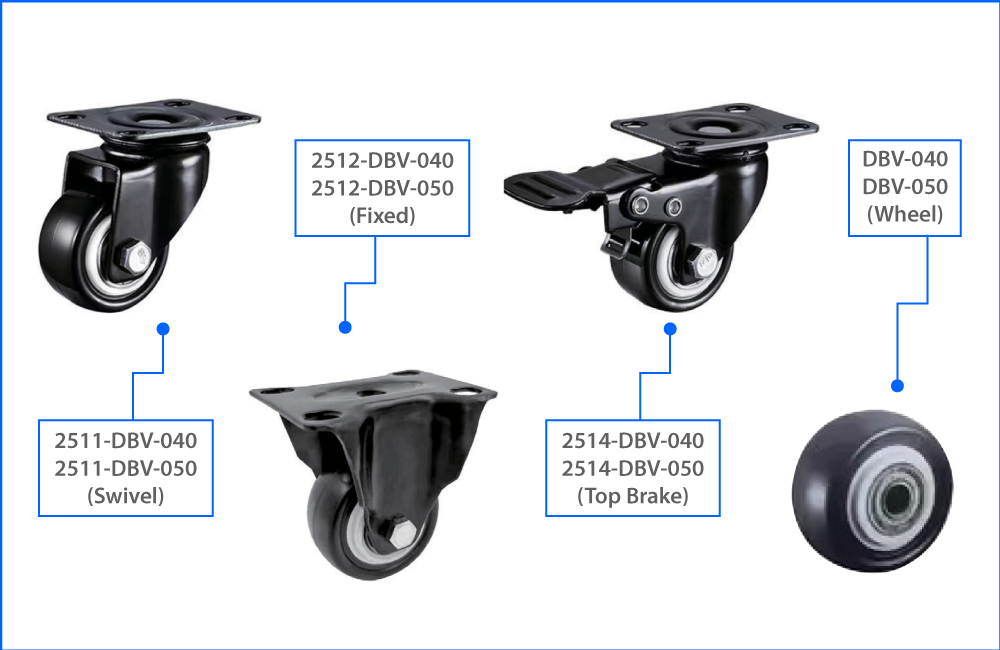 KOMTEC Medium Duty Top Plate Castor C/W Black PVC Wheel (Double Ball Bearing)