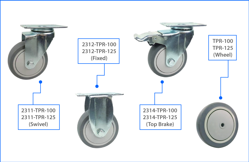 KOMTEC Medium Duty Top Plate Castor C/W Grey Rubber Wheel
