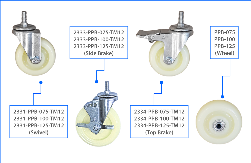 KOMTEC Medium Duty M12 Thread Stem Castor C/W White PP Wheel (Double Ball Bearing)