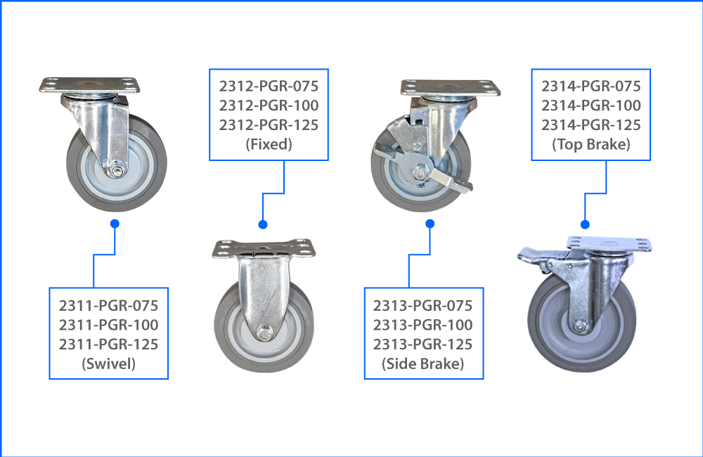 KOMTEC Medium Duty Top Plate Castor C/W Gray Rubber Wheel (Double Ball Bearing)