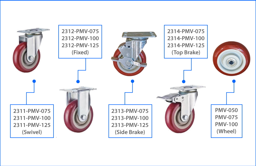 KOMTEC Medium Duty Top Plate Castor C/W Maroon PVC Wheel (Double Ball Bearing)