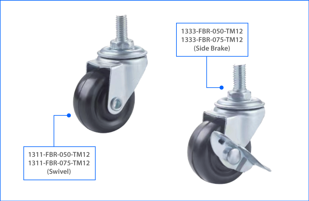 KOMTEC Light Duty M12 Thread Stem Castor C/W Solid Black Rubber Wheel (Plain Bearing)