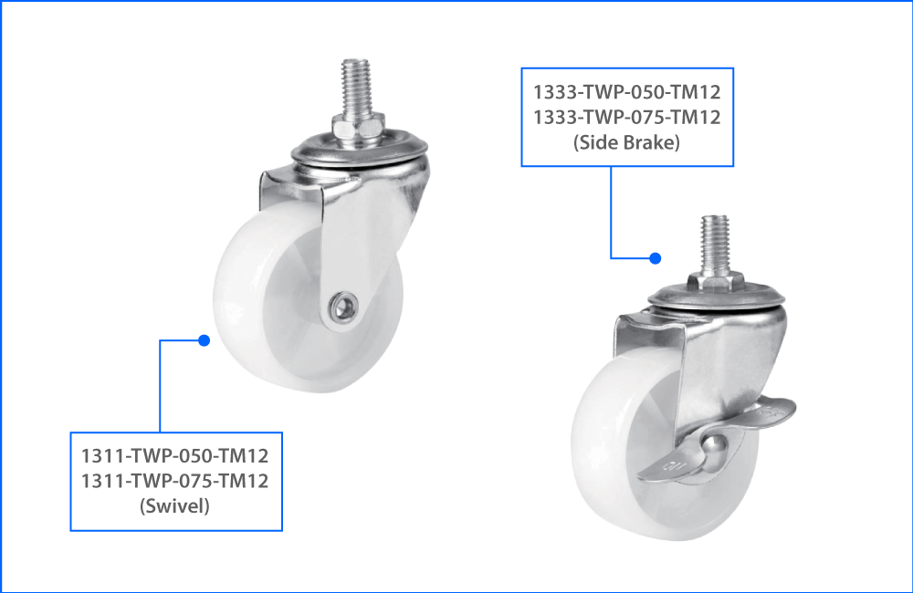 KOMTEC Light Duty M12 Thread Stem Castor C/W White PP Wheel (Plain Bearing)
